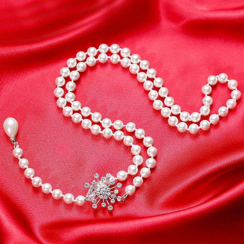 Snowflake buckle mother shell pearl necklace summer long sweater chain women's versatile high-end sense stacked beaded jewelry wholesale