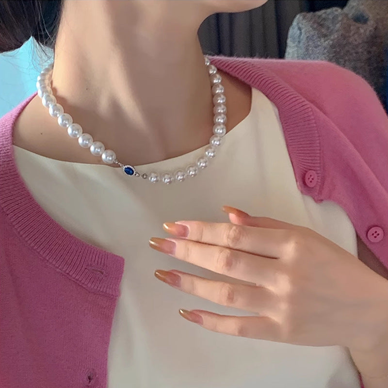 Mother shell pearl necklace spring and summer women's blue diamond Australian white Shijia beaded collarbone chain high-end light luxury neck chain jewelry