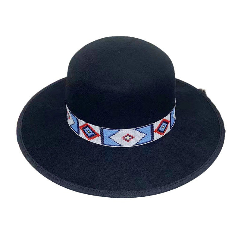 Cross-border independent station European and American wool felt hats autumn and winter new wool woolen hats men's and women's wide-brimmed flat-brimmed top hats Tibetan style