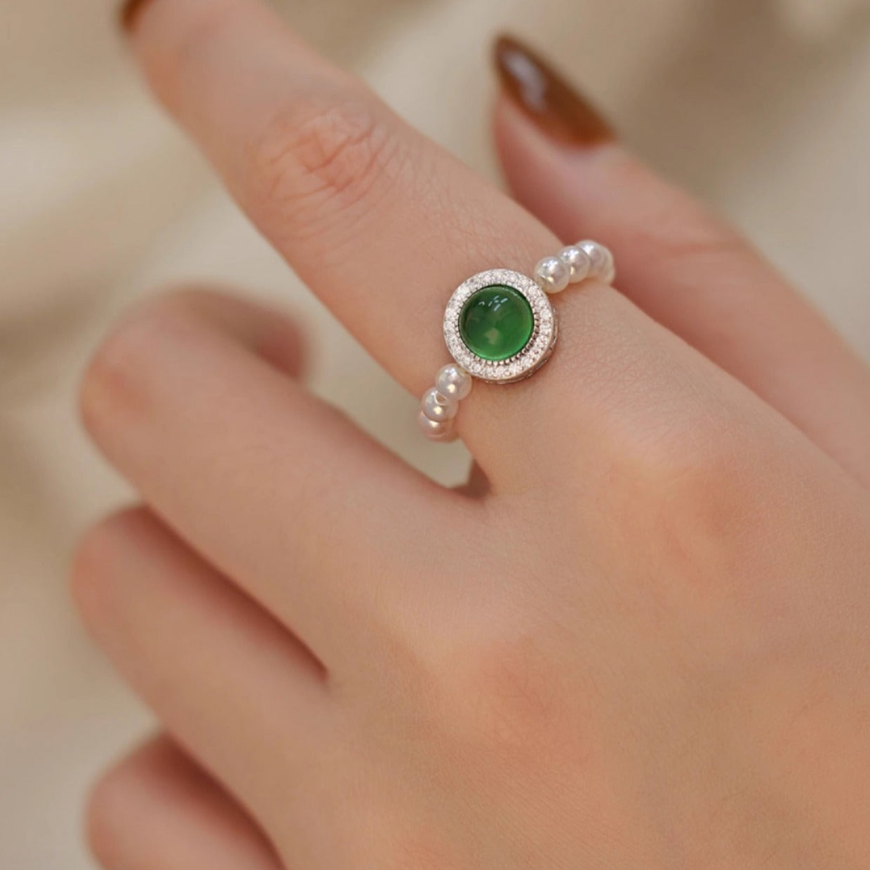 925 silver green chalcedony pearl ring female personality ins niche high-end light luxury beaded aquamarine ring