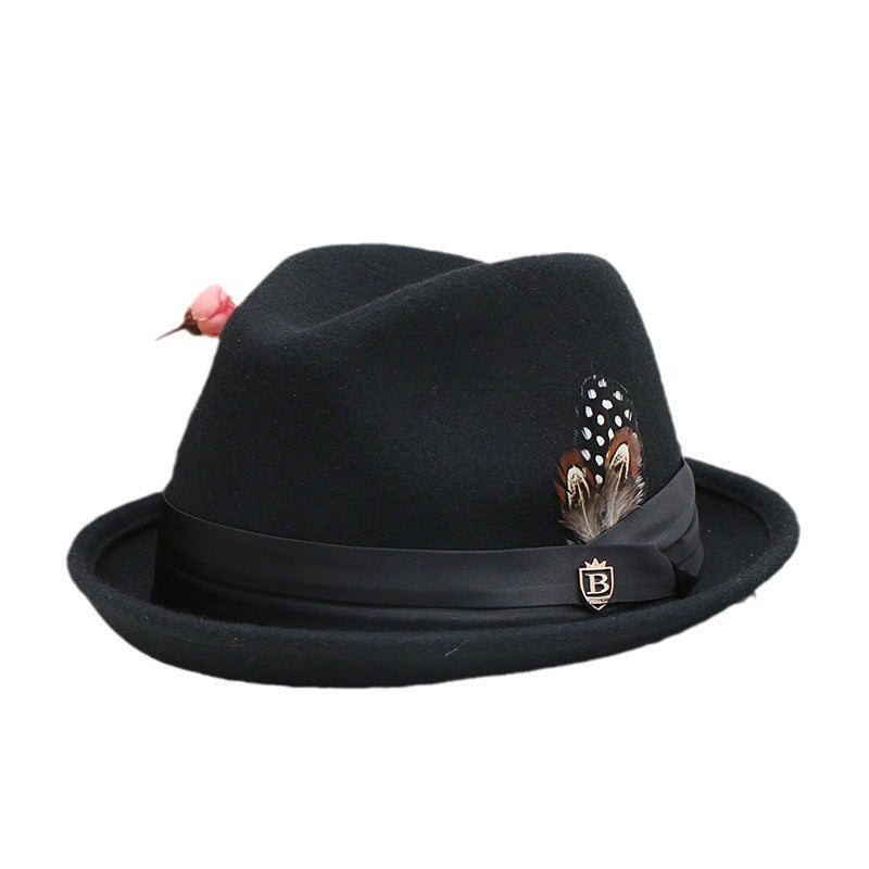 Amazon LAZADA cross-border wool top hat, bow feather men's jazz hat, hot autumn and winter hats in Europe and America