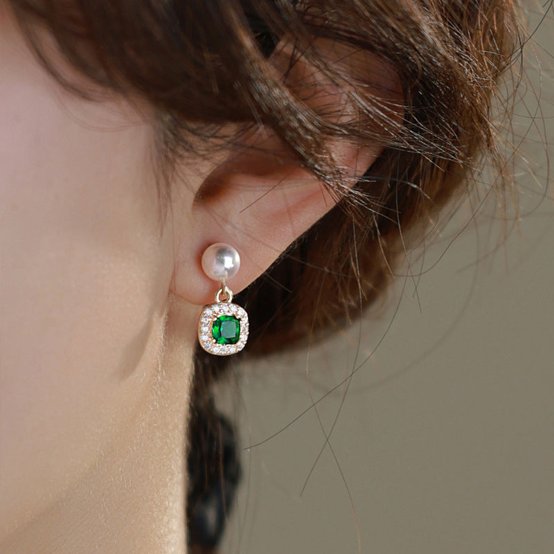 Cross-border explosion emerald zircon pearl stud earrings women's niche design earrings summer high-end light luxury earrings