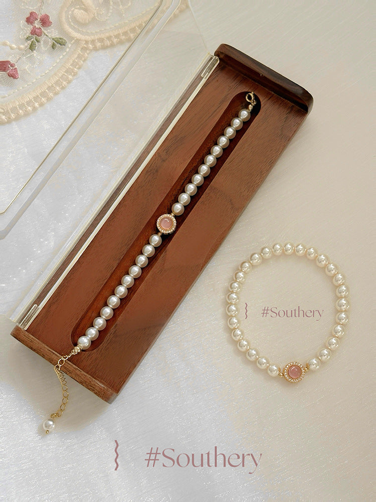 Pink chalcedony pearl necklace spring and summer women's versatile high-end sense niche new Chinese-style beaded collarbone neck chain jewelry