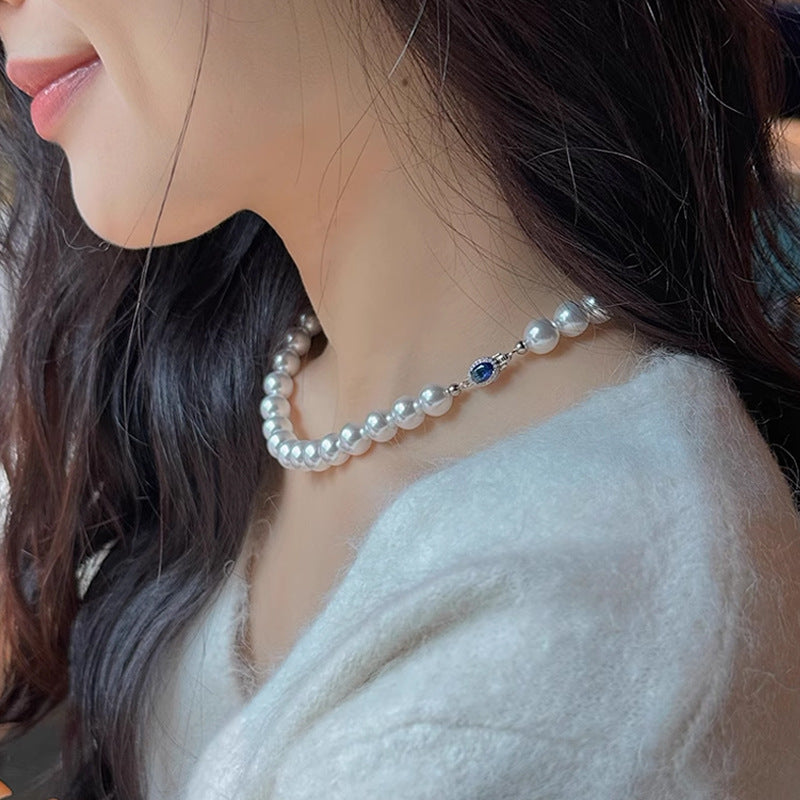 Mother shell pearl necklace spring and summer women's blue diamond Australian white Shijia beaded collarbone chain high-end light luxury neck chain jewelry