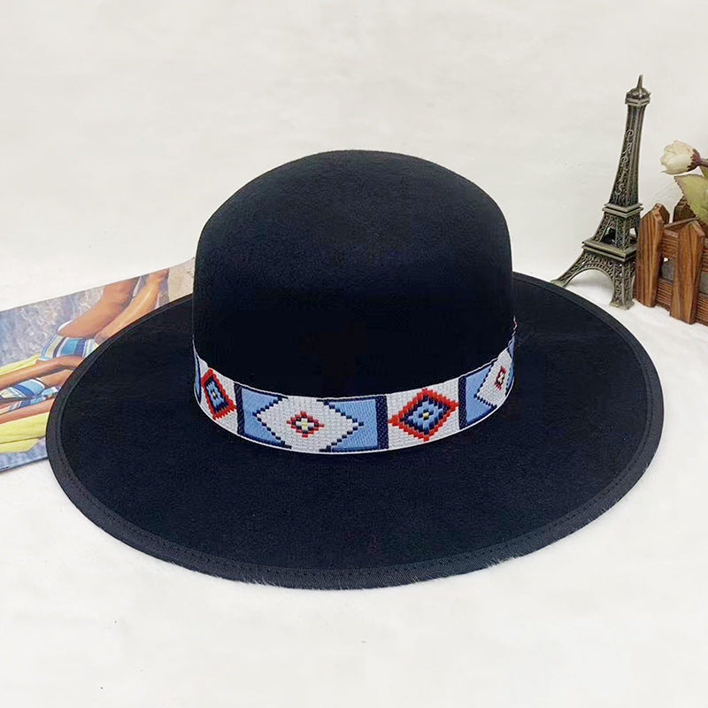 Cross-border independent station European and American wool felt hats autumn and winter new wool woolen hats men's and women's wide-brimmed flat-brimmed top hats Tibetan style