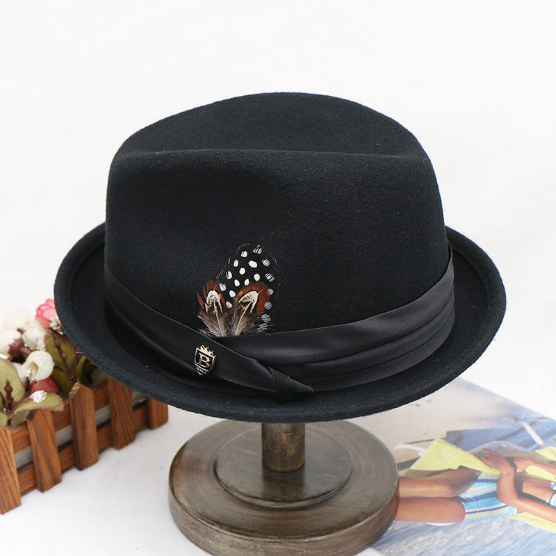 Amazon LAZADA cross-border wool top hat, bow feather men's jazz hat, hot autumn and winter hats in Europe and America