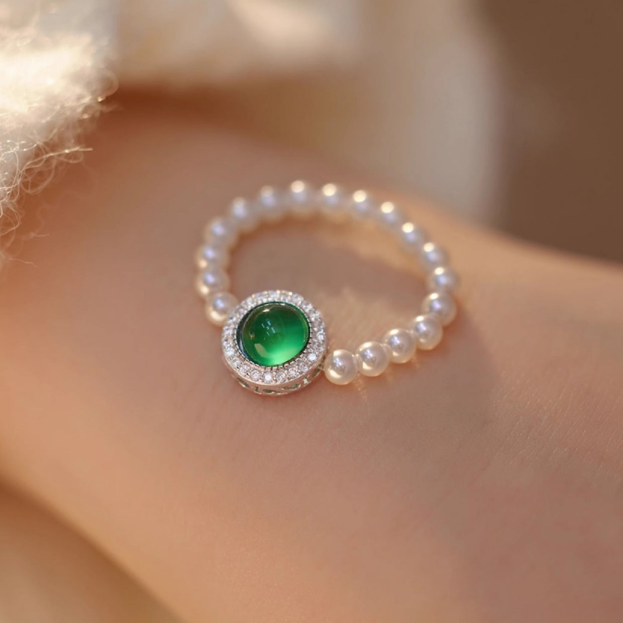 925 silver green chalcedony pearl ring female personality ins niche high-end light luxury beaded aquamarine ring