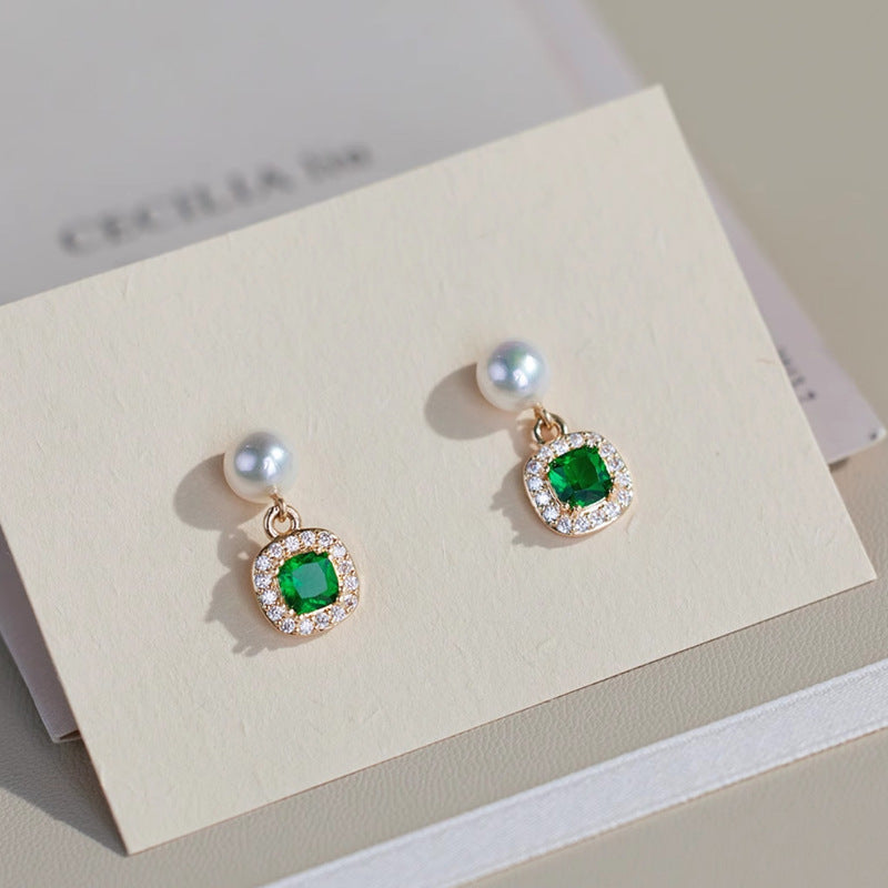 Cross-border explosion emerald zircon pearl stud earrings women's niche design earrings summer high-end light luxury earrings