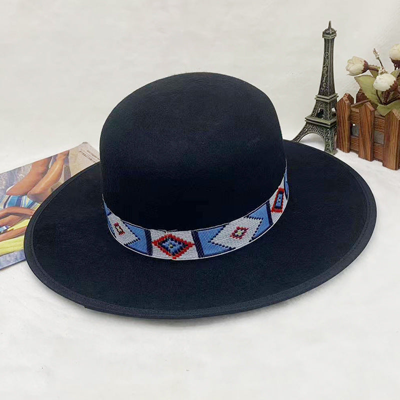 Cross-border independent station European and American wool felt hats autumn and winter new wool woolen hats men's and women's wide-brimmed flat-brimmed top hats Tibetan style