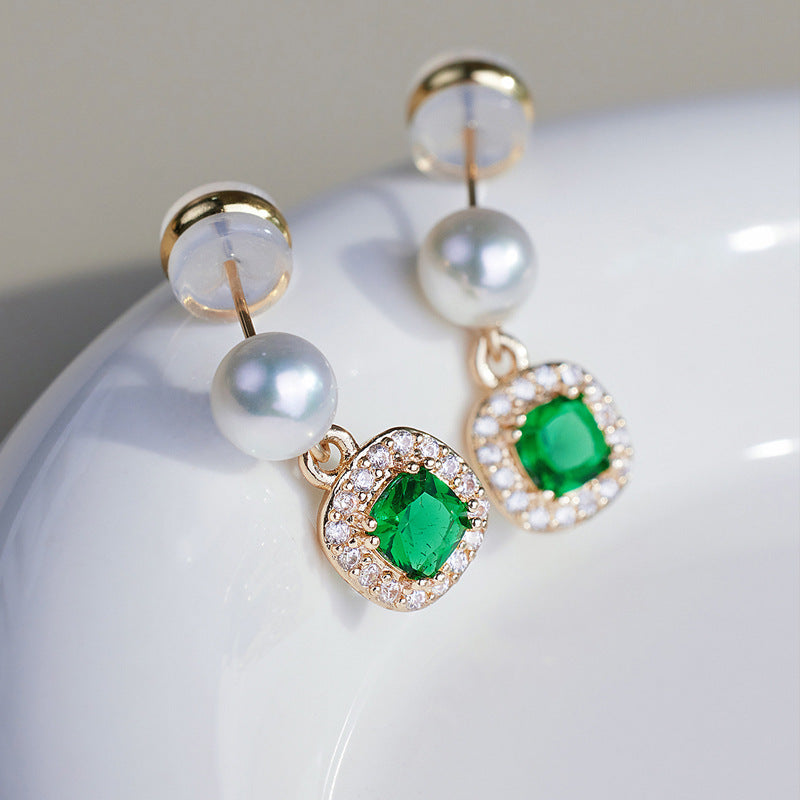 Cross-border explosion emerald zircon pearl stud earrings women's niche design earrings summer high-end light luxury earrings