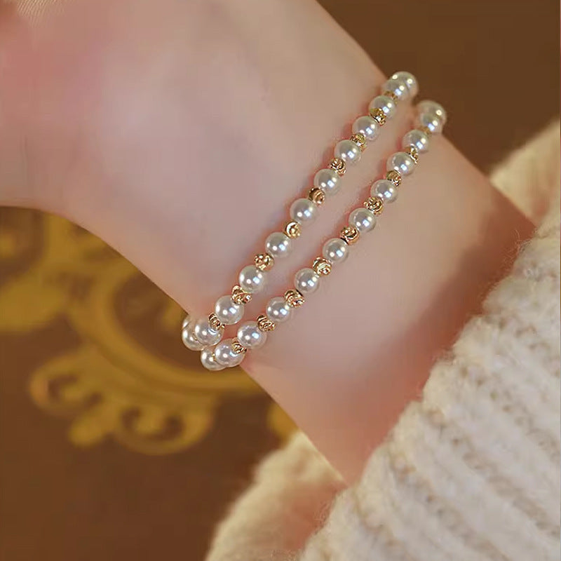 Double-layer stacked Shijia pearl bracelet for girls, high-end retro new Chinese-style transfer beads, versatile bracelet, hand jewelry.