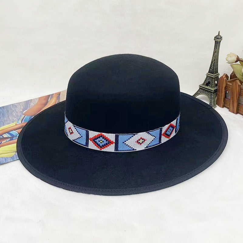 Cross-border independent station European and American wool felt hats autumn and winter new wool woolen hats men's and women's wide-brimmed flat-brimmed top hats Tibetan style