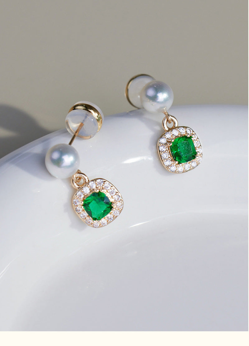 Cross-border explosion emerald zircon pearl stud earrings women's niche design earrings summer high-end light luxury earrings