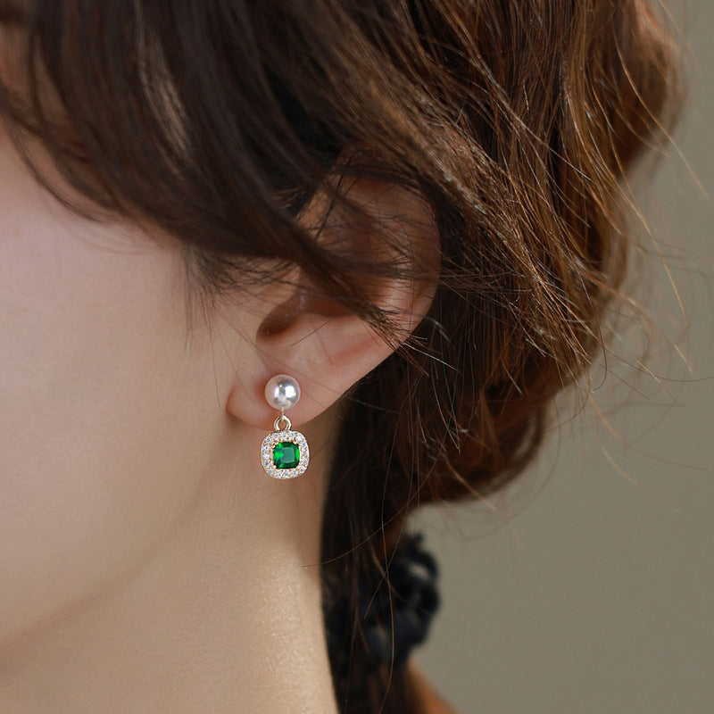 Cross-border explosion emerald zircon pearl stud earrings women's niche design earrings summer high-end light luxury earrings