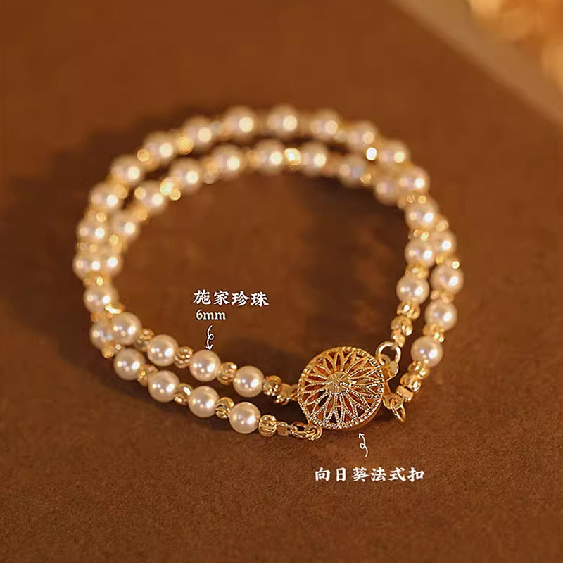 Double-layer stacked Shijia pearl bracelet for girls, high-end retro new Chinese-style transfer beads, versatile bracelet, hand jewelry.